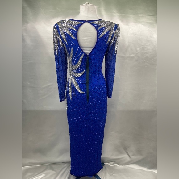 1980's Blue w/Silver Beaded Prom Formal Dress Vintage Women's Dress Small/ Med - Picture 3 of 5